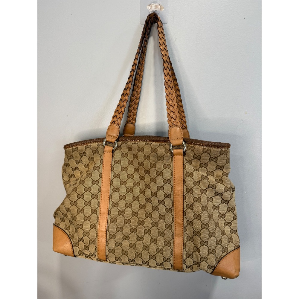 Gucci GG Monogram Canvas Tote Bag Tan Leather Braided Handles 295266 9060